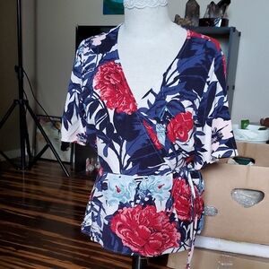Floral Wrap Top with Red and Blue Design